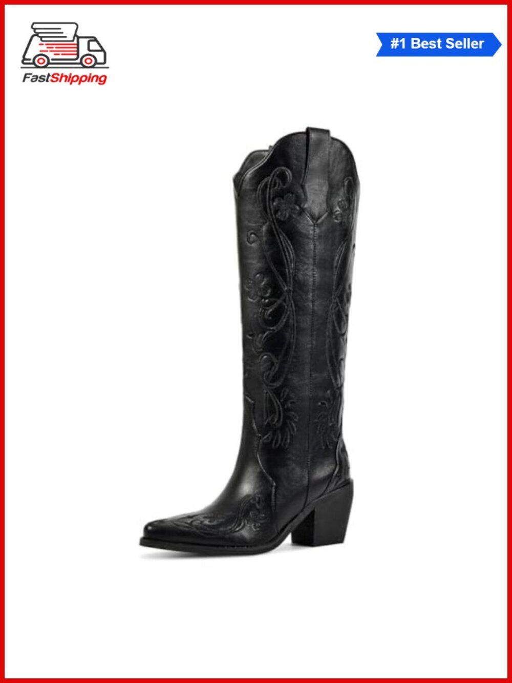 ✨wetkiss Women's Western Knee High Boots Faux Leather Floral Embroidery